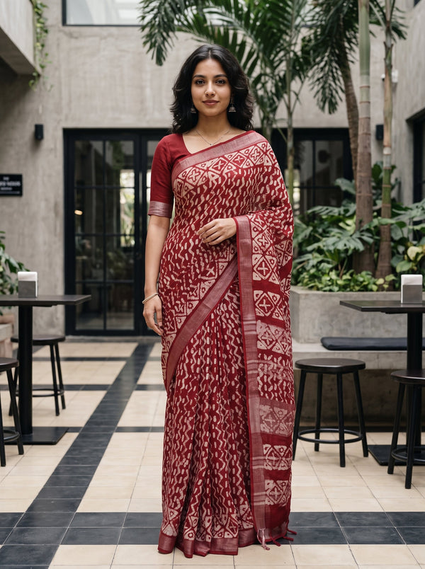 A woman modeling a red and white patterned saree in an outdoor patio setting with plants and tables.