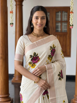 Cotton Cream Floral Bunch Print Onam Special Kerala Saree