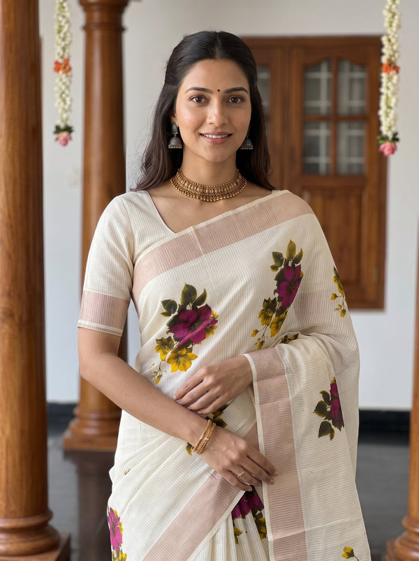 Cotton Cream Floral Bunch Print Onam Special Kerala Saree
