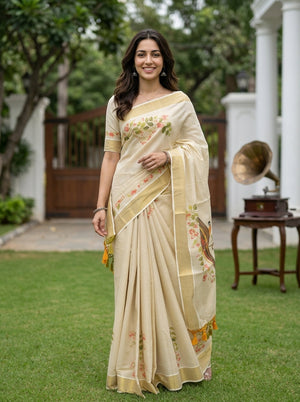 Tissue Cream Floral And vallam Kali Print Pallu Set Saree