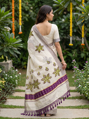 Cotton Cream Green Floral Print Purple Geometric Border Onam Special Kerala Saree