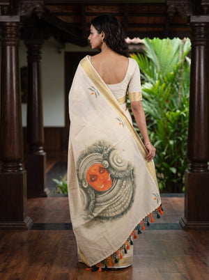 Tissue Cream Leaf Motif Wide Gold Border Kerala Kasavu Saree
