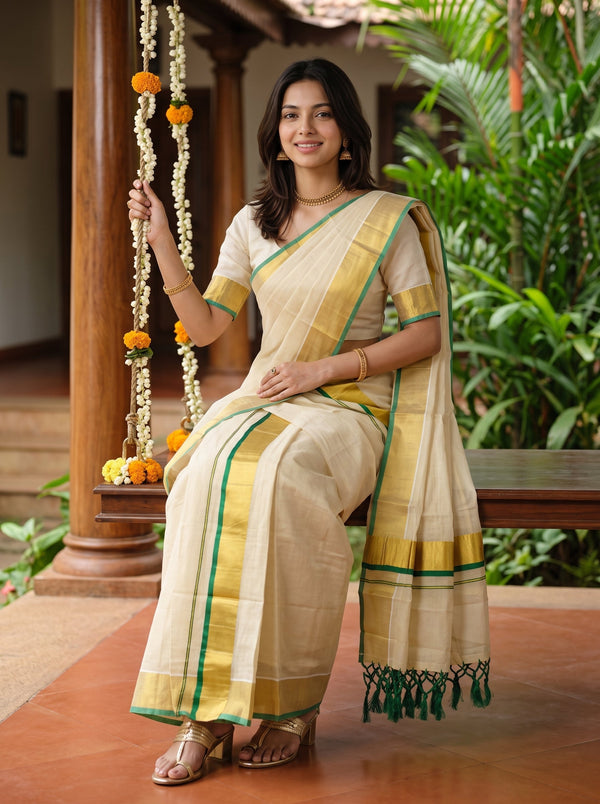 A woman seated on a wooden swing in a traditional Indian setting, wearing a cream-colored saree with gold and green borders. She is holding a garland of orange marigolds, with lush green plants and wooden pillars in the background.