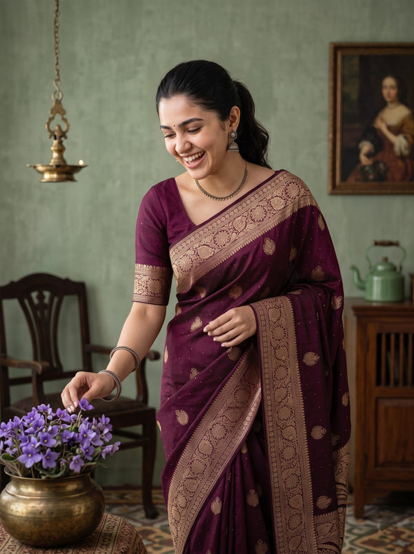 Banarasi Silk Wine Round Motif Saree with Floral Zari Border