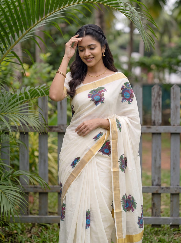 Cotton Off-White Multicolor Mural Krishna Print Onam Special Kerala Saree
