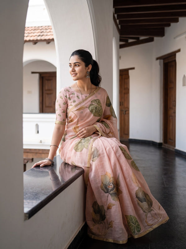 Linen Pink Oversized Leaf Print Saree with Golden Border and Tassels