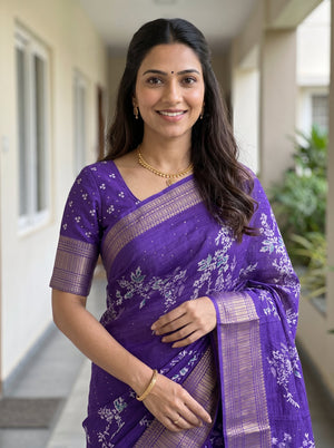 Synthetic Violet Floral Branch Print Saree with Sequin Work and Zari Border