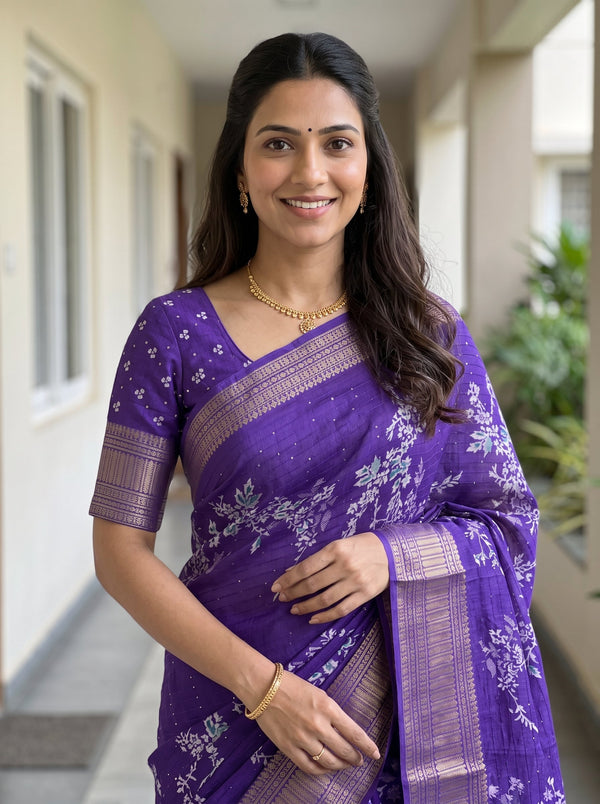 Synthetic Violet Floral Branch Print Saree with Sequin Work and Zari Border