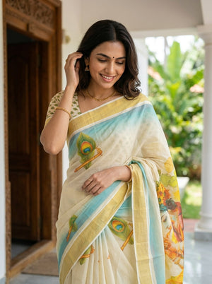 Tissue Cream Peacock Feather Flute Print Border Set Saree with Tassels