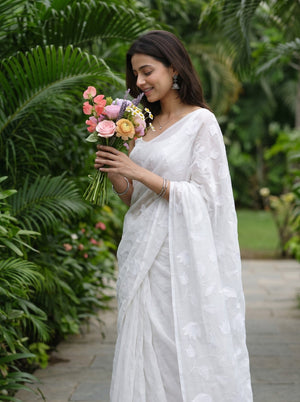 Mul Chanderi White Self-Tone Tulip Floral Vine Embroidery