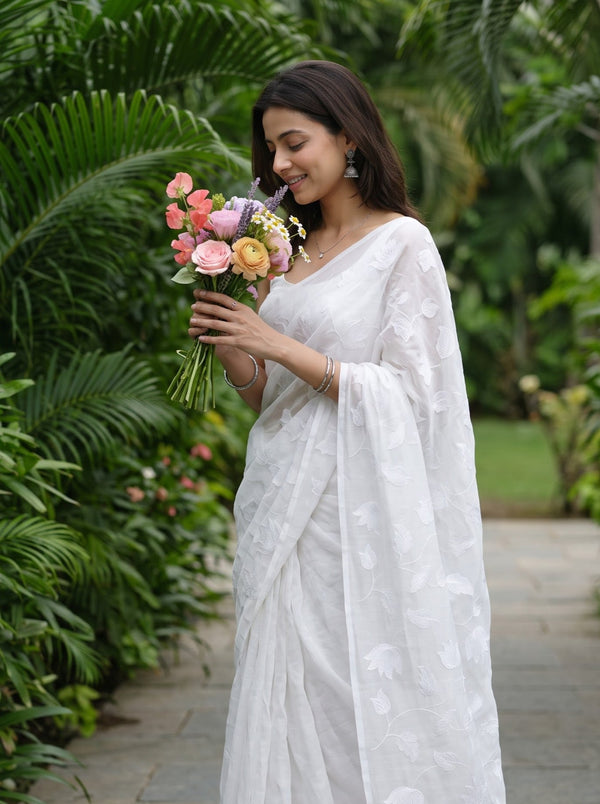 Mul Chanderi White Self-Tone Tulip Floral Vine Embroidery