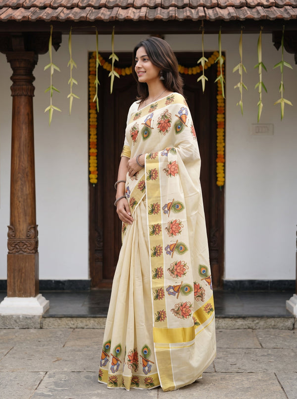 Tissue Cream Mural Art Lotus Peacock  Onam Special Kerala Saree with Golden Border