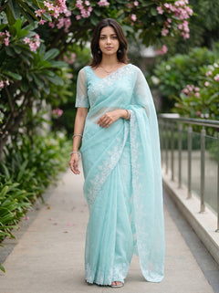 Organza Mint Floral Embroidery Stone Work Border Saree