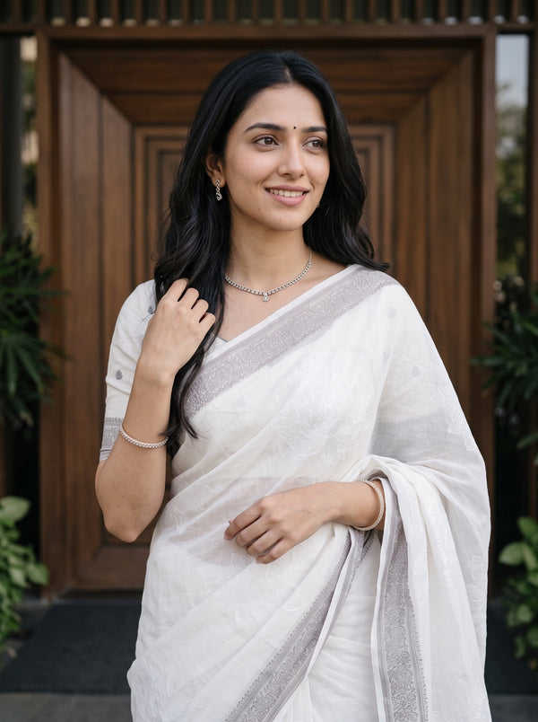 Cotton Off-White Self-Tone Floral Weave Saree with Beige Jacquard Border