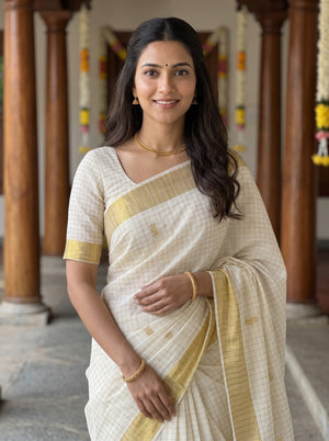 Cotton Cream Checkered Gold Paisley Booti Woven Border Onam Kerala Saree