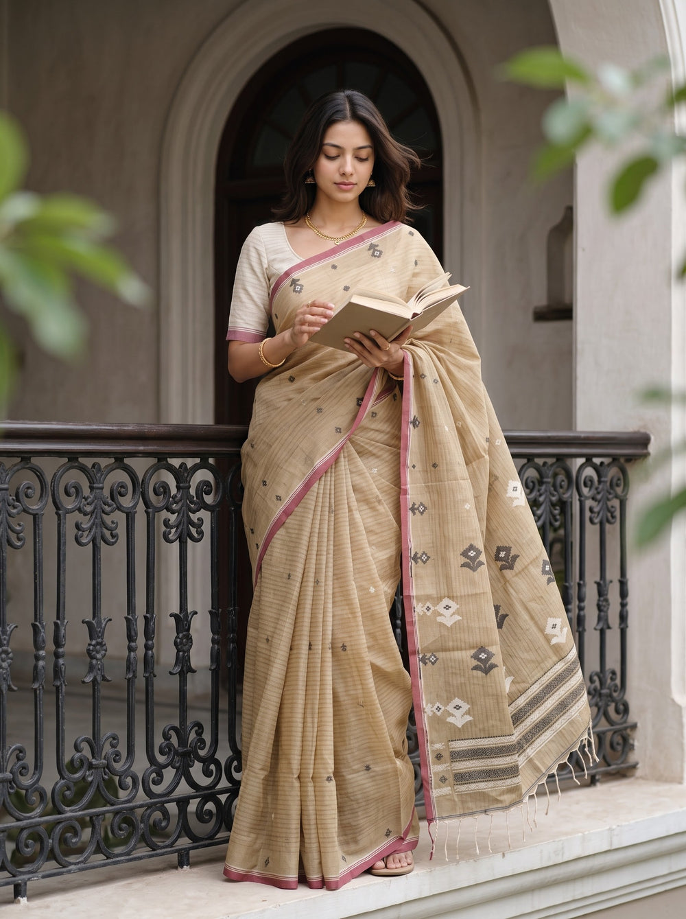 Cotton Sand Beige Floral Jaal Handloom Saree with Tassels