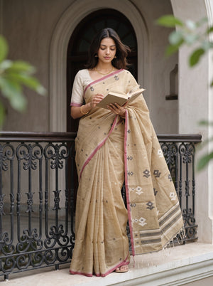 Cotton Sand Beige Floral Jaal Handloom Saree with Tassels