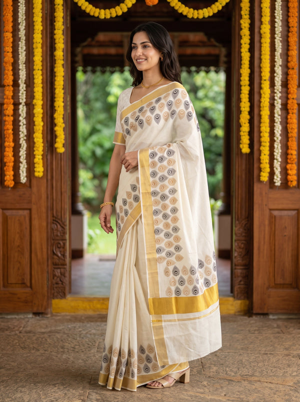 Cotton Cream Peacock Feather Print Gold Zari Border Onam Special Kerala Saree