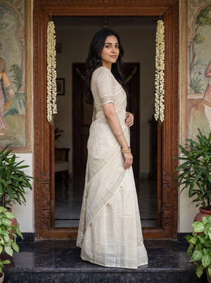 Tissue Cream Pinstripe Saree with Plain Border Onam Special Kerala Saree
