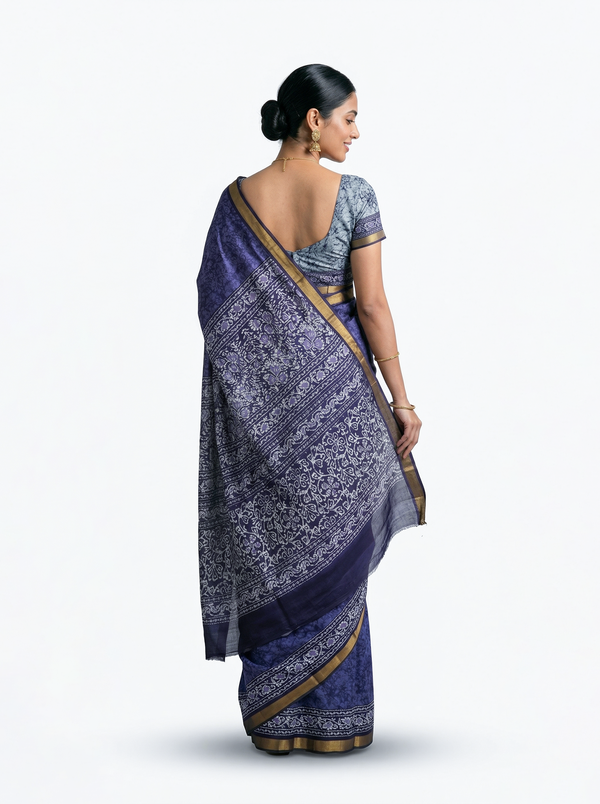 Soft Cotton Navy Blue Batik Print Saree with Zari Floral Border