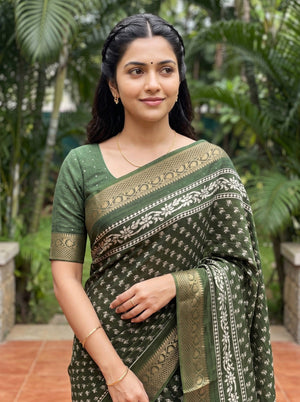 Chanderi Silk Olive Green Floral Booti Print Saree with Golden Zari Border