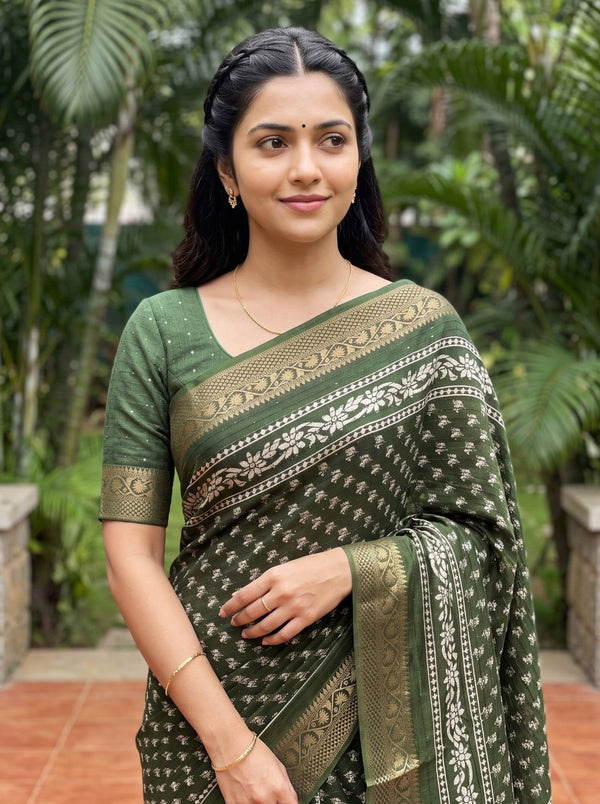 Chanderi Silk Olive Green Floral Booti Print Saree with Golden Zari Border