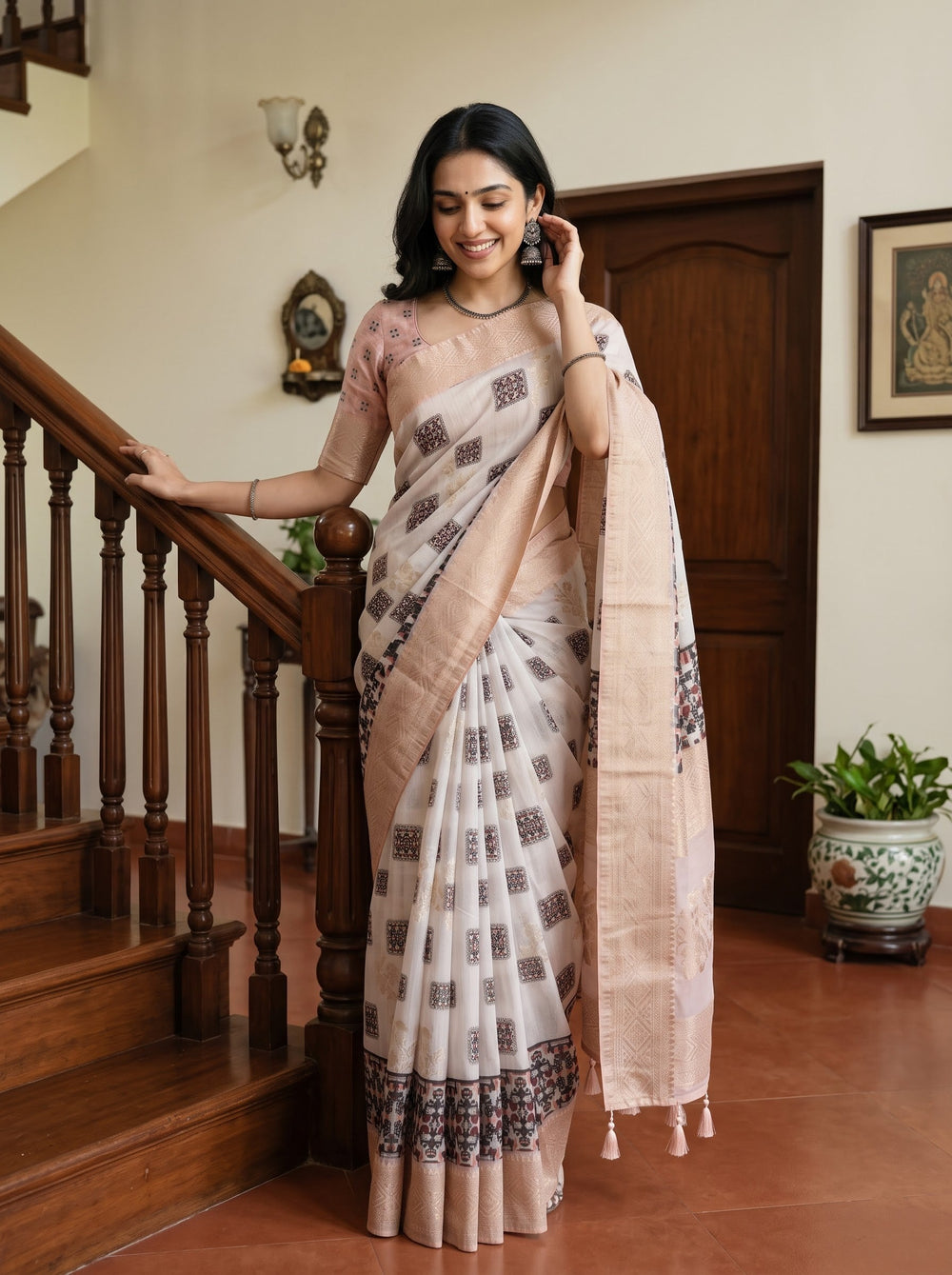 Semi Tussar Off-White Mosaic Print Saree with Peach Border and Tassels