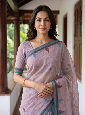 Cotton Mauve Teal Border Handloom Booti Saree with Tassels