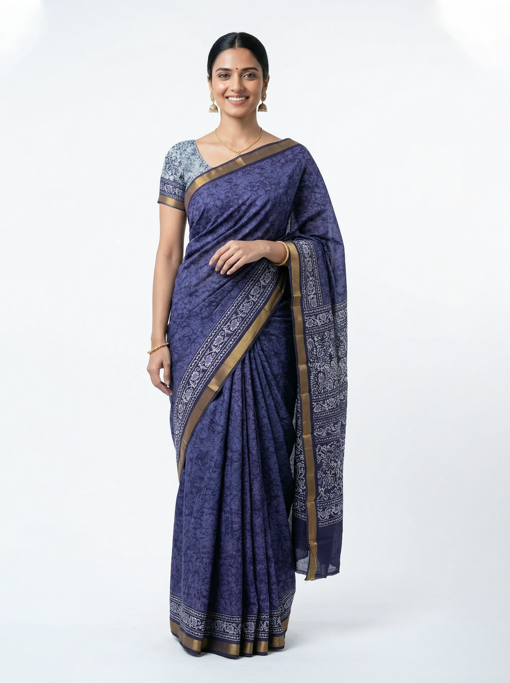 Soft Cotton Navy Blue Batik Print Saree with Zari Floral Border