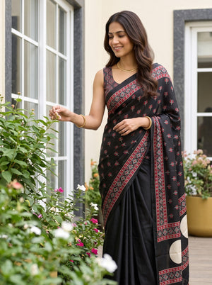 Synthetic Black Tulip Booti Print Saree with Red Floral Border