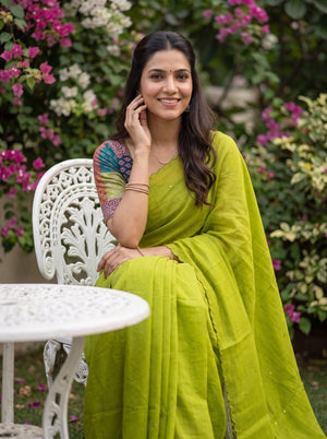 Semi Chanderi Organza Parrot Green Mirror Work Saree with Scalloped Edge