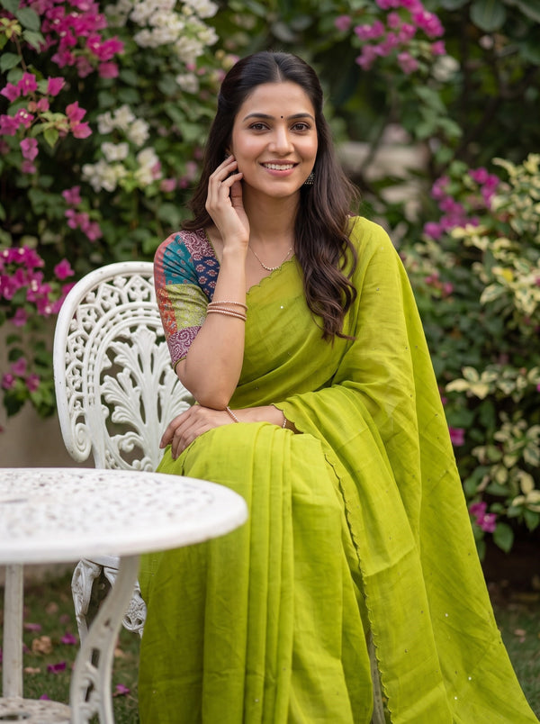 Semi Chanderi Organza Parrot Green Mirror Work Saree with Scalloped Edge
