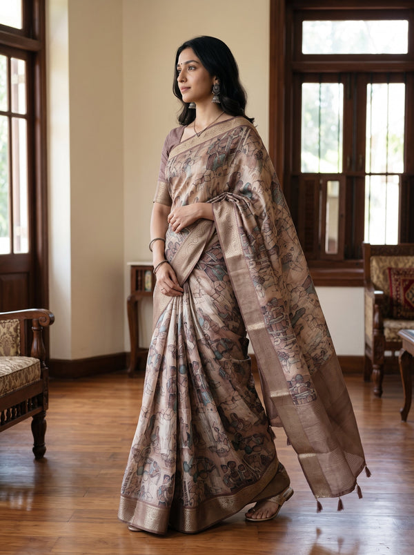 A woman wearing a beige and brown patterned saree with a matching blouse, standing in a traditional room with wooden floors and windows.