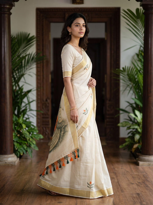 Tissue Cream Leaf Motif Wide Gold Border Kerala Kasavu Saree