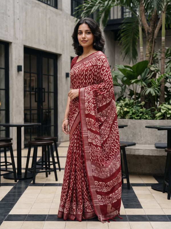 Linen Red White Batik Print Saree with Diamond Border