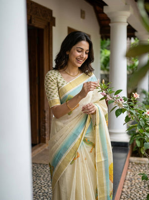 Tissue Cream Peacock Feather Flute Print Border Set Saree with Tassels