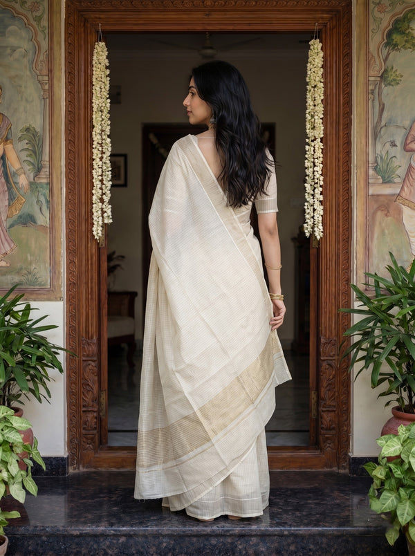 Tissue Cream Pinstripe Saree with Plain Border Onam Special Kerala Saree