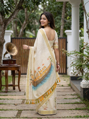 Tissue Cream Floral And vallam Kali Print Pallu Set Saree