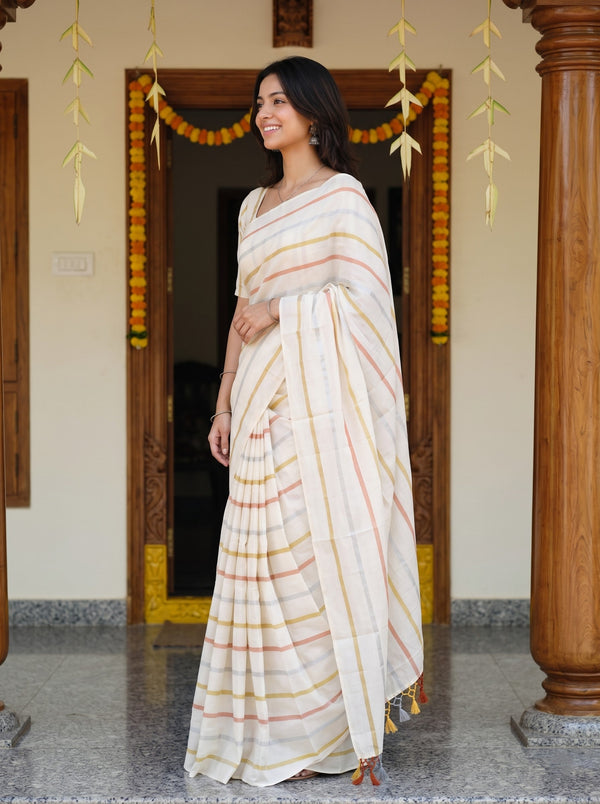 Cotton Silk Off-White Earthy Stripe Saree with Multicolor Tassels