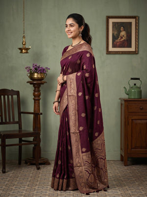 Banarasi Silk Wine Round Motif Saree with Floral Zari Border