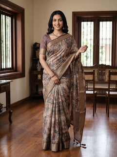 A woman wearing a brown and beige patterned saree with a matching blouse stands in a traditional room with wooden floors and windows.