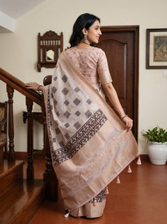 Semi Tussar Off-White Mosaic Print Saree with Peach Border and Tassels