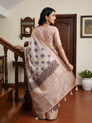 Semi Tussar Off-White Mosaic Print Saree with Peach Border and Tassels
