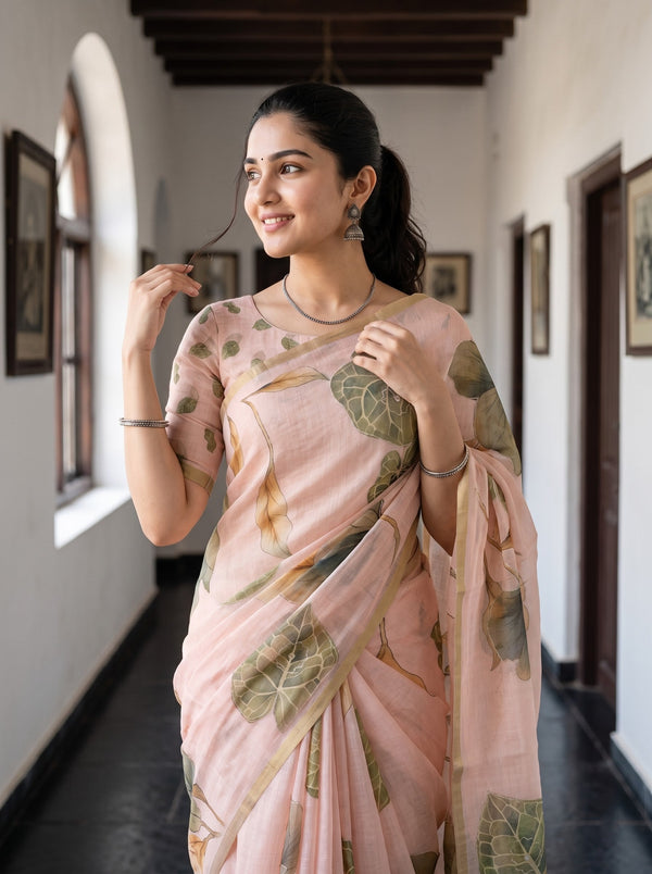 Linen Pink Oversized Leaf Print Saree with Golden Border and Tassels