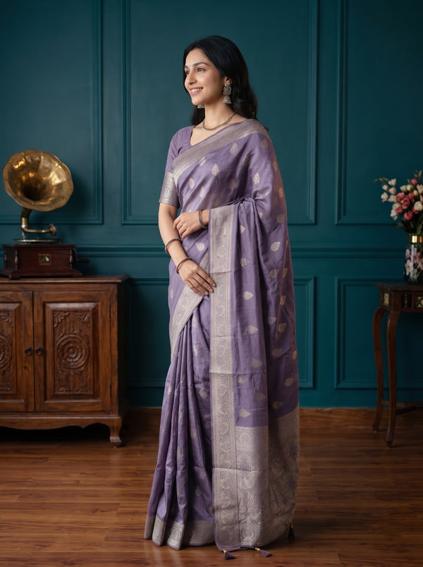 Banarasi Purple Butta Print Saree with Silver Zari Border