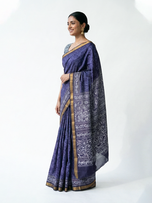 Soft Cotton Navy Blue Batik Print Saree with Zari Floral Border
