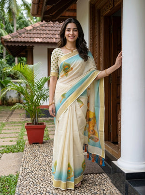 Tissue Cream Peacock Feather Flute Print Border Set Saree with Tassels