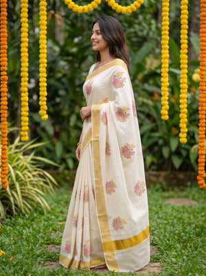 Cotton Cream Pinstripe Multicolor Rose Embroidery Onam Special Kerala Saree with Gold Zari Border
