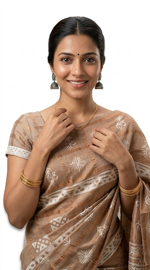 Cotton Beige Brown Abstract Printed Saree