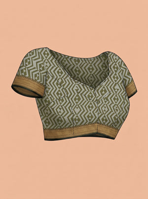 Chanderi Cotton Olive Green Ikat Border Saree
